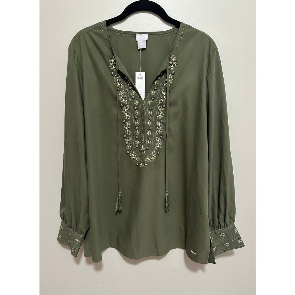 NWT Chico's Embellished Peasant Blouse Women's 2 12/14 Long Sleeve Olive Green